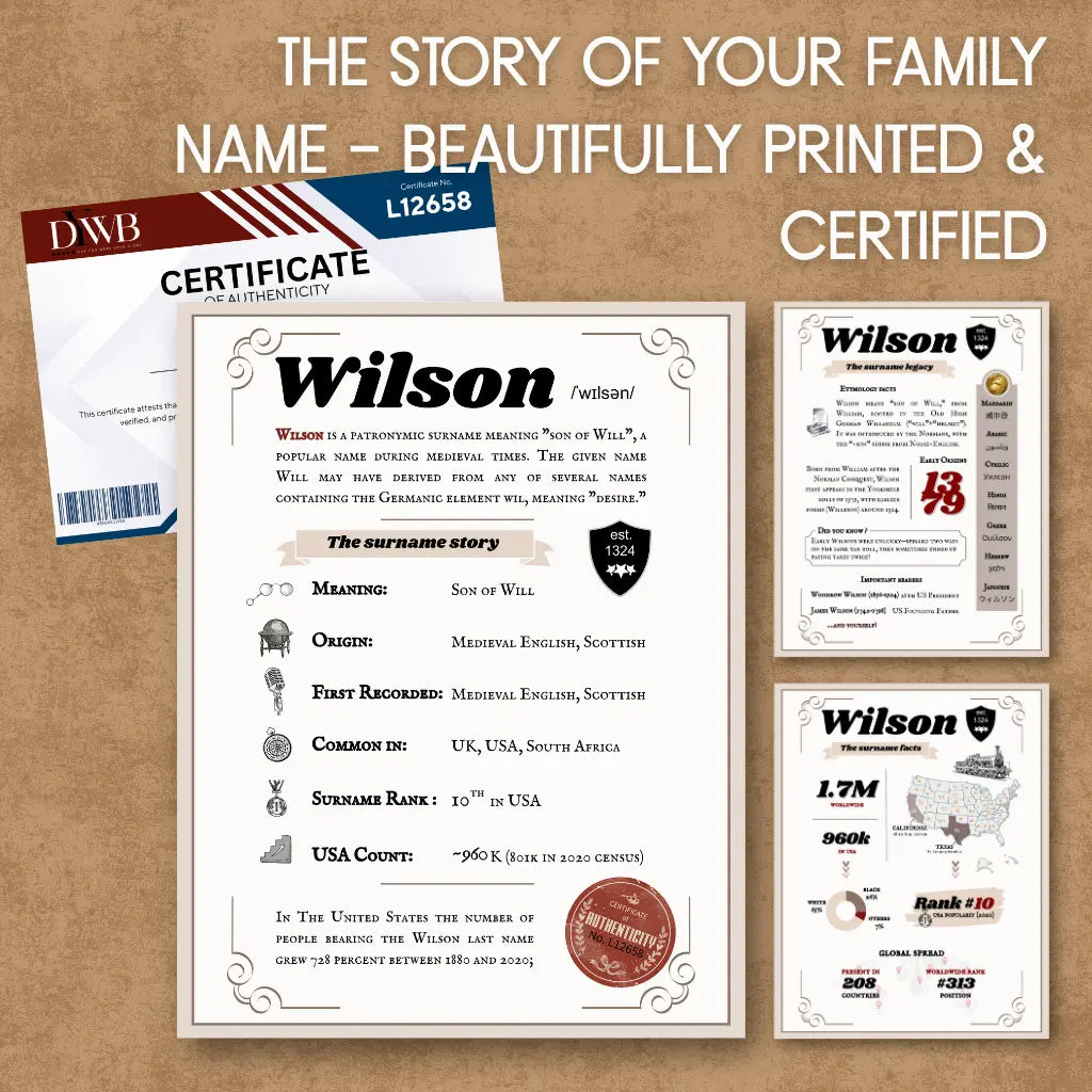 Collection of Surname Heritage Edition certificate with text and graphics on a brown background, with a certificate of authenticity