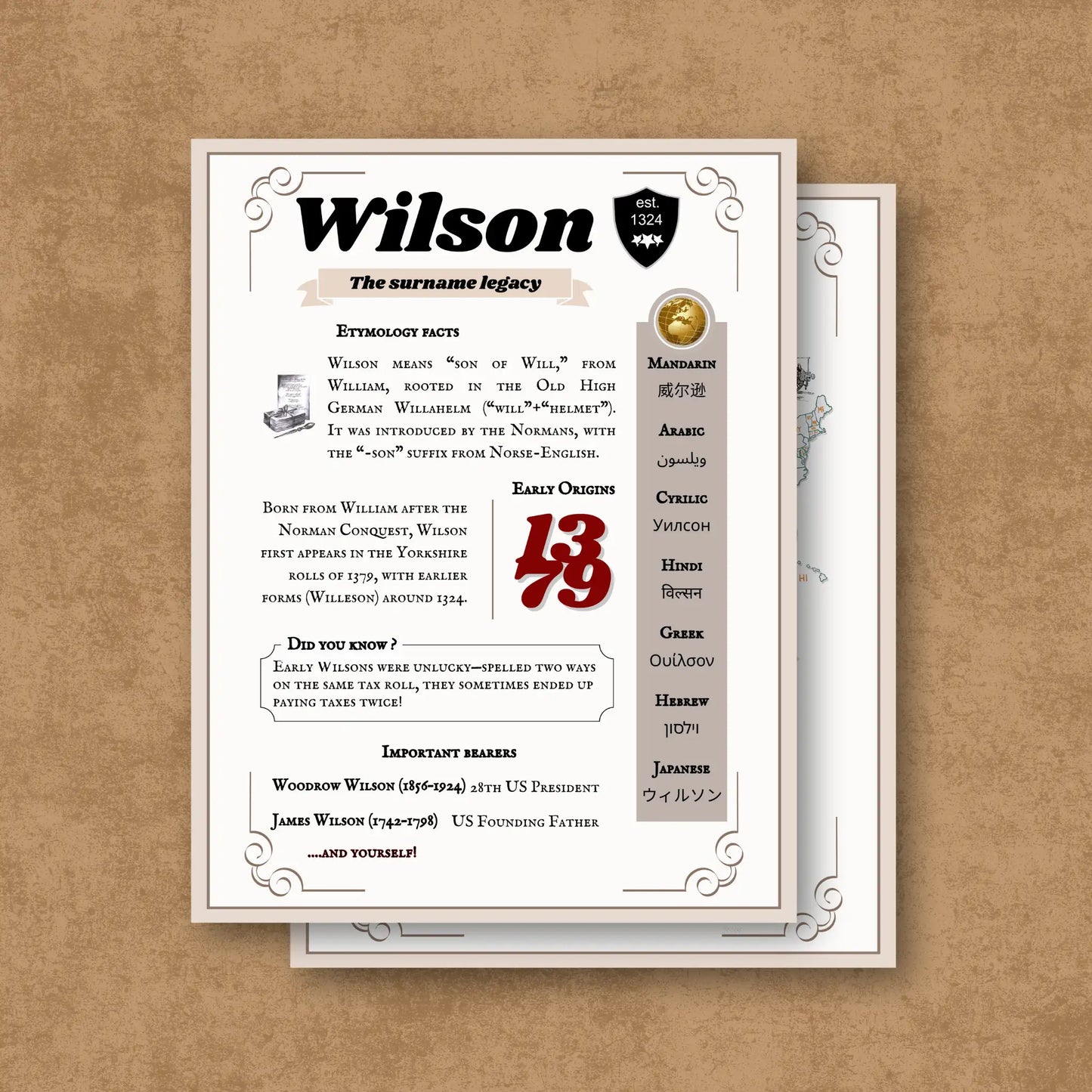 Surname Heritage Edition - Informational card about the surname with historical facts on a textured brown background