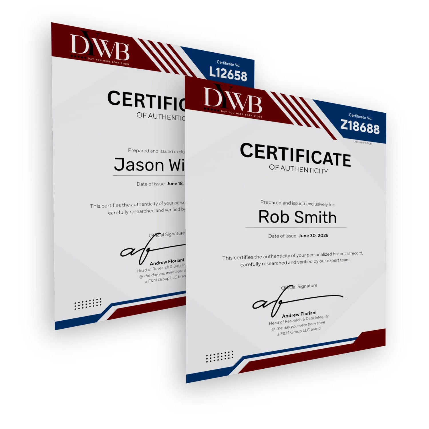 Two certificates of authenticity from DWB on a white background