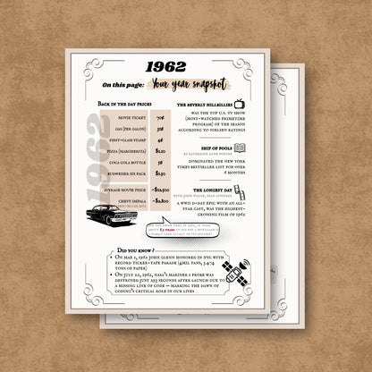Your year snapshot - Birthday Heritage Edition, historical information about 1962 on a brown background