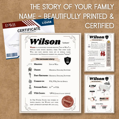 Collection of Surname Heritage Edition certificate with text and graphics on a brown background, with a certificate of authenticity