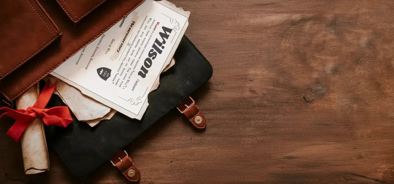 Old leather wallet with Surname Heritage Edition  documents on a wooden surface